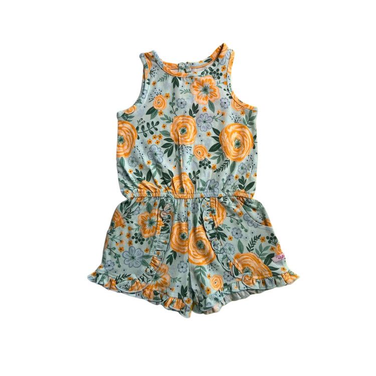 Rufflebutts Cottage Flowers Ruffle Trim Romper, Size: 12-18M