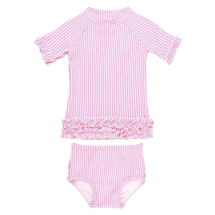 Rufflebutts Orchid Seersucker Ruffled Rash Guard Bikini, Size: 3-6m