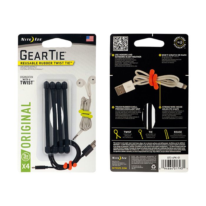 NiteIze Gear Tie Reusable Rubber Twist Tie 3" 4 Pack , Color: Black
