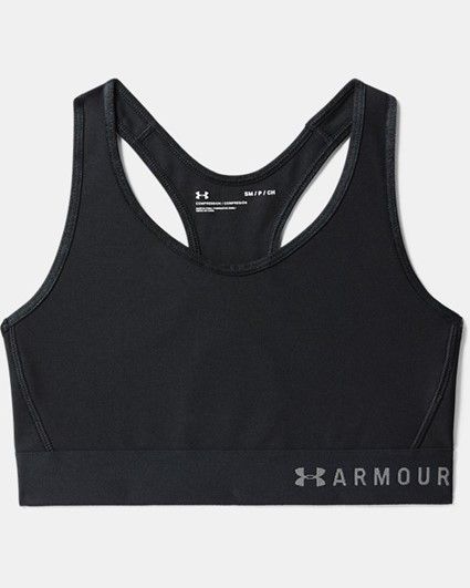 Under Armour Mid Keyhole Bra, Color: Black / Black / Metallic Silver, Size: XS