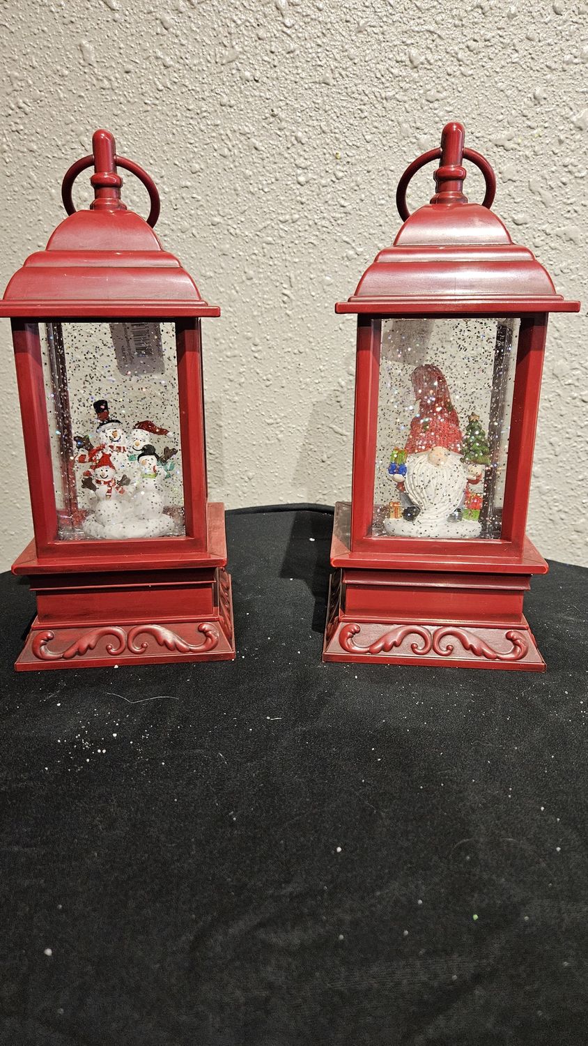 Snow Globe, Burgundy Lantern Gnome or Snowman 10"