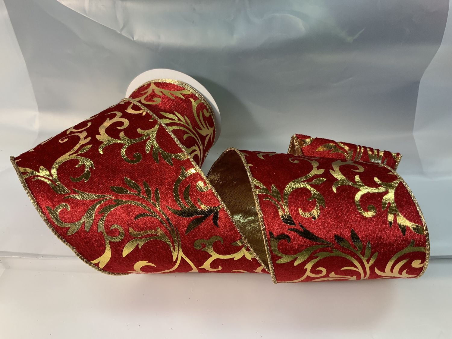 Ribbon, Gold Scroll Red Velvet 4x10 RedGold