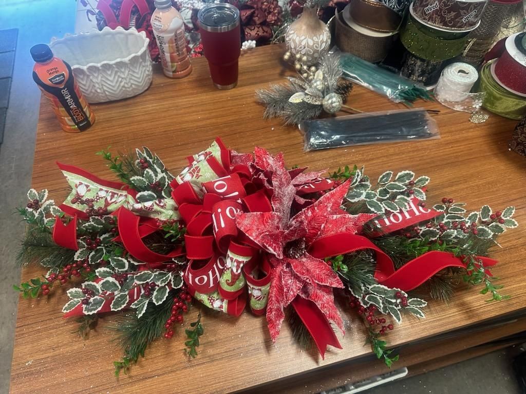 Swag, Red Frosted Poinsettia gnome ribbon