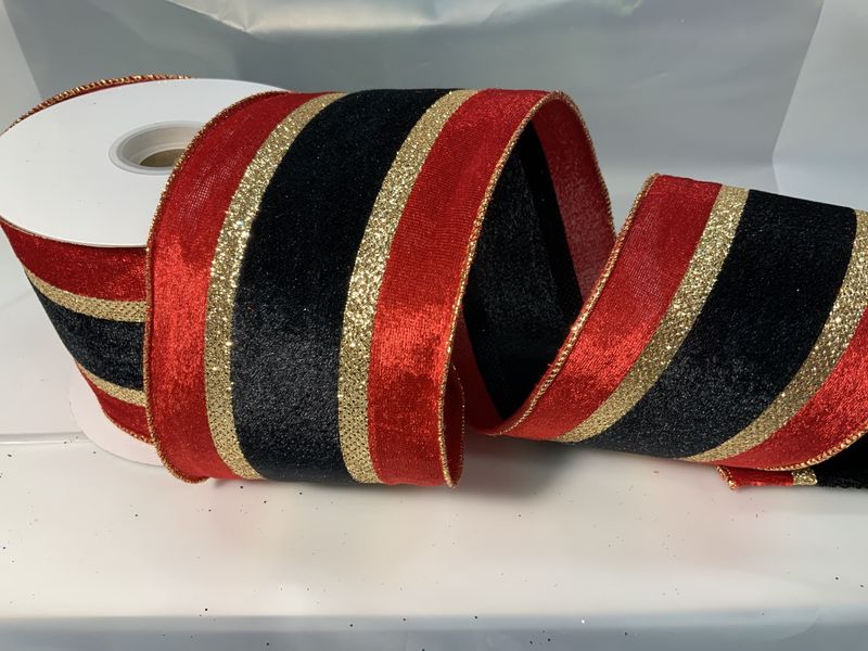 Ribbon, Red/Blk Velvet Gold Str 4&quot;x10y
