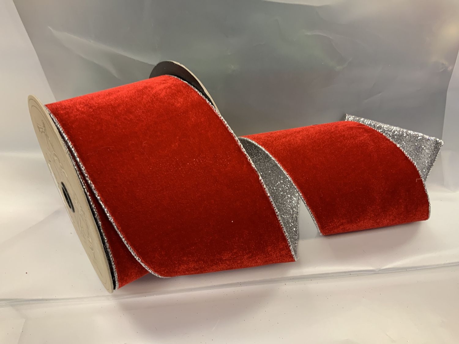 Ribbon, Red Velvet Glitter Silver Back