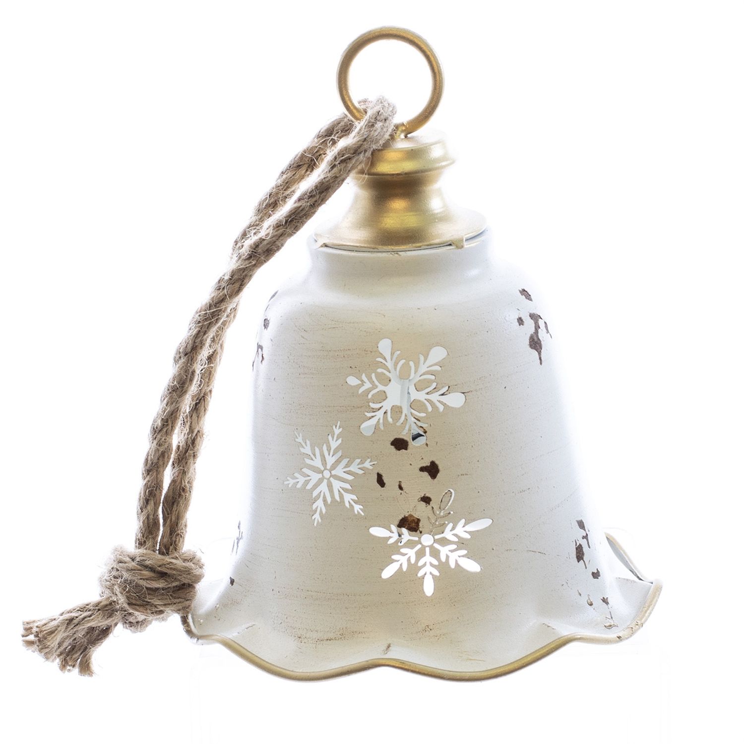 Bell, Metal 8" Distressed White w/Snowflake Cutout