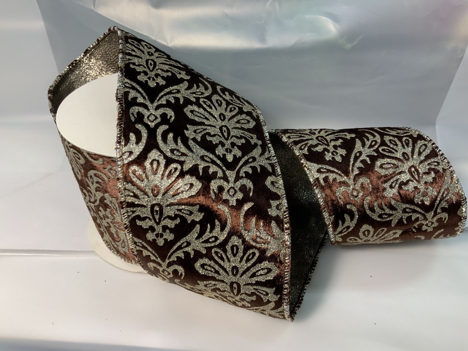 Ribbon, Brown/Gold Damask 4&quot;x5yds