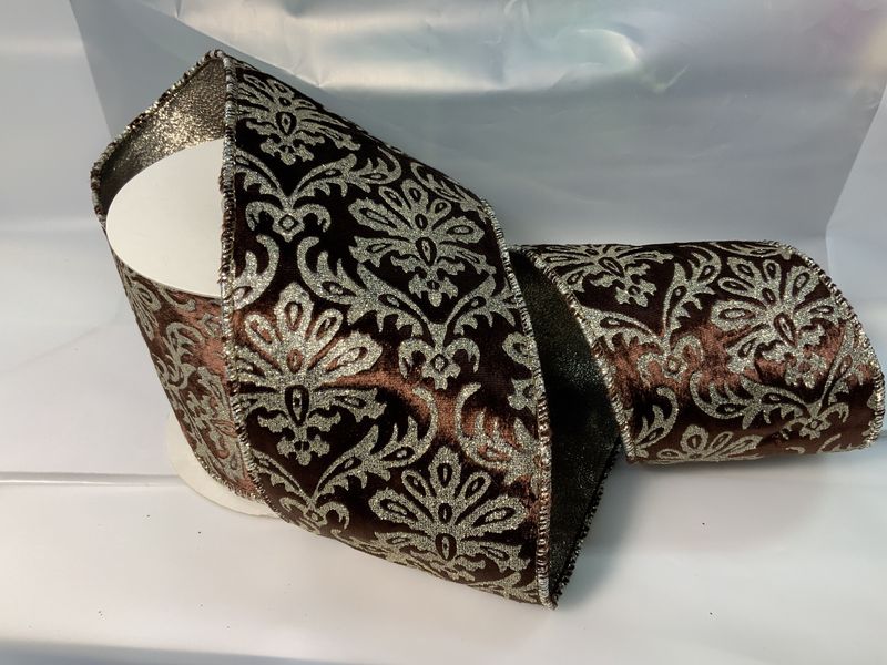 Ribbon, Brown/Gold Damask 4&quot;x5yds
