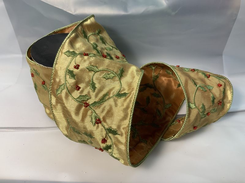 Ribbon, gold w/ holly beaded