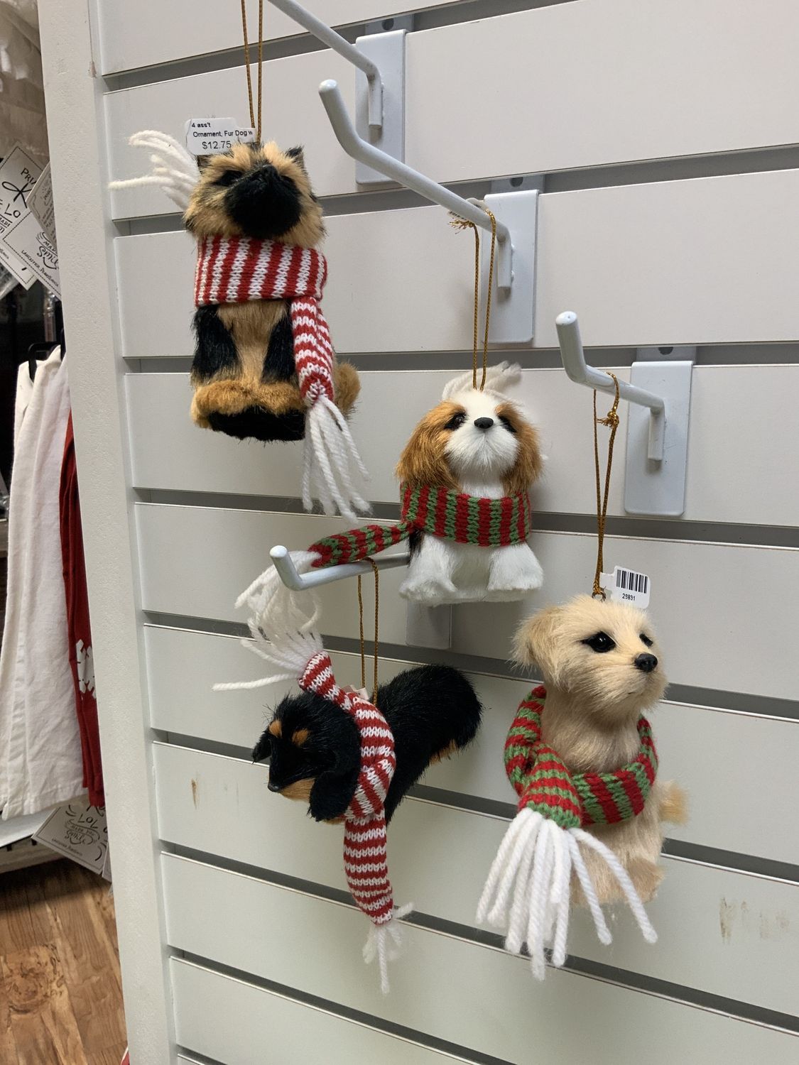 Ornament, Fur Dog w/Knit Scarf 4 ass't