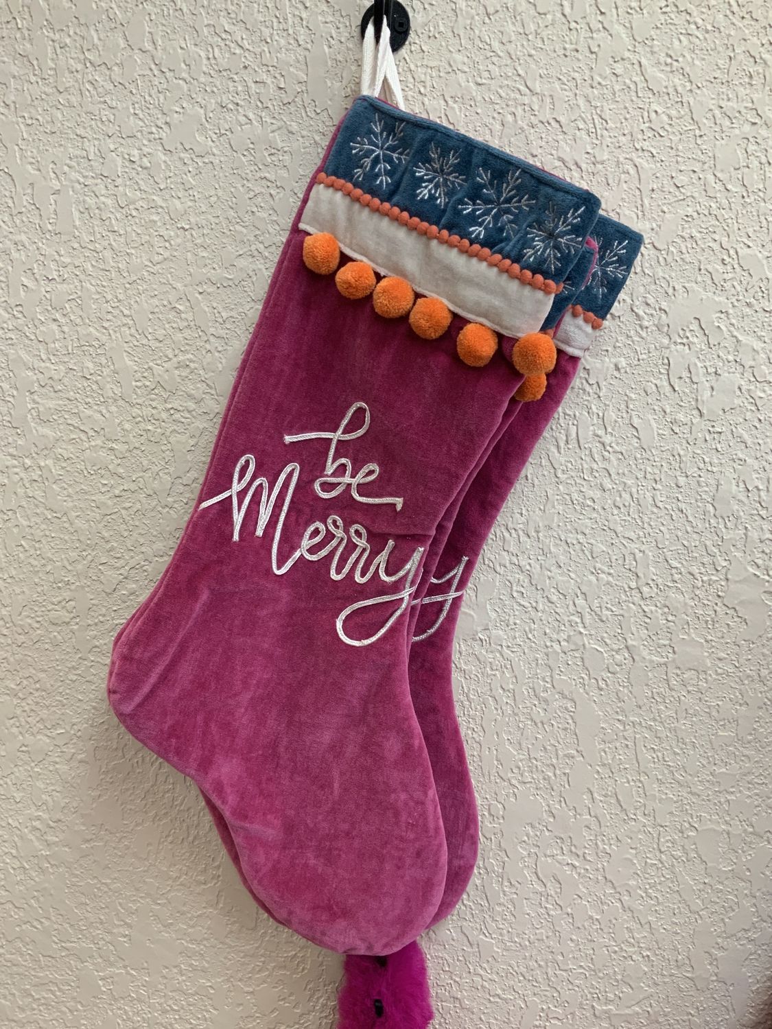 Stocking, Be Merry pink velvet