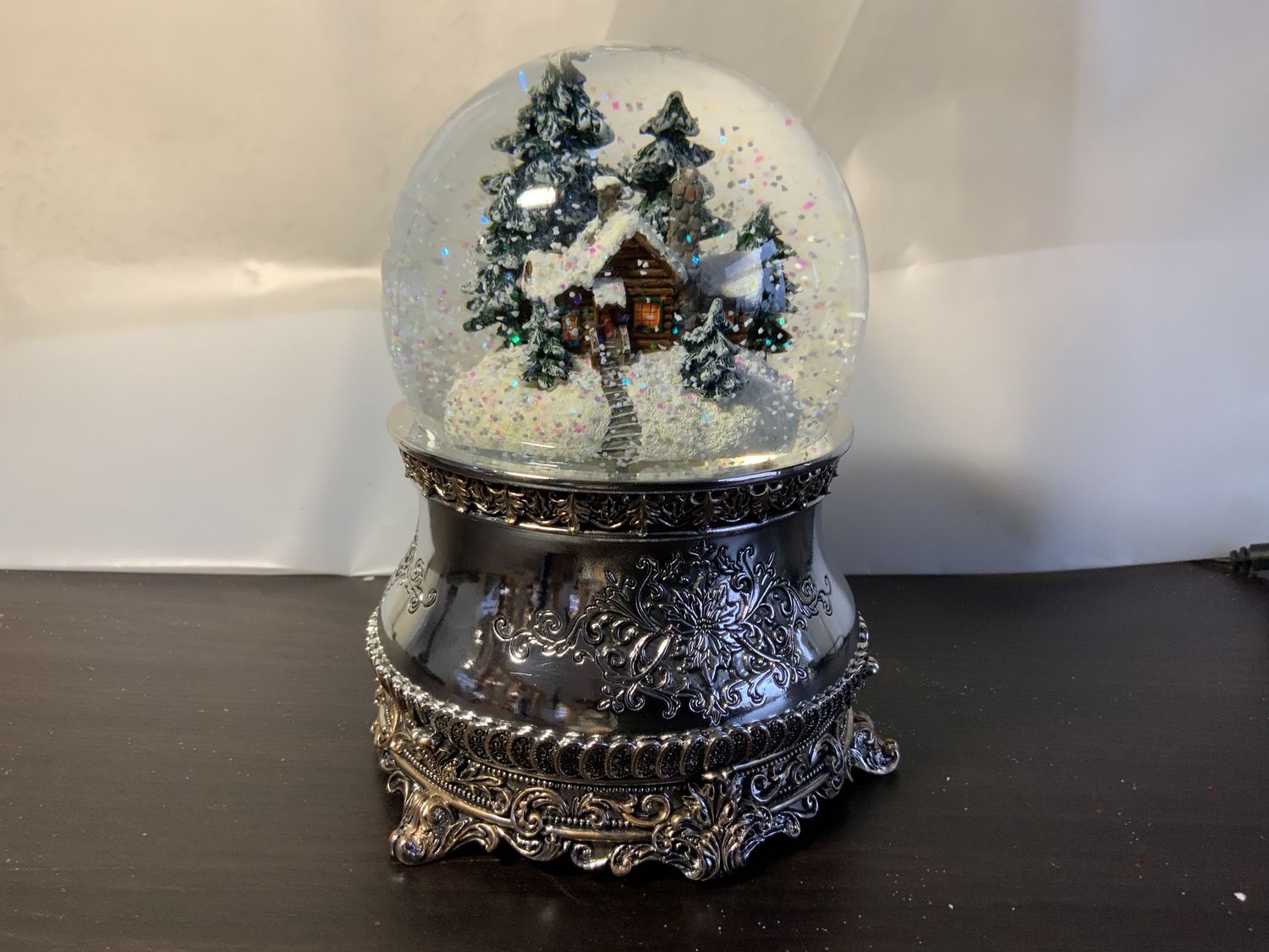 Snow Globe, House in Woods silver base