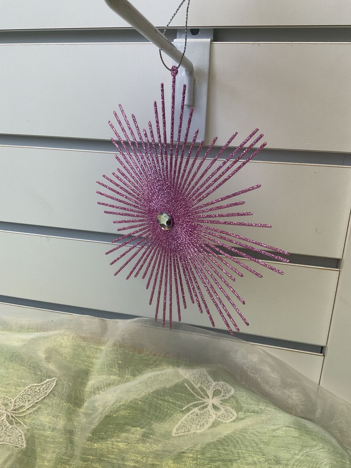 Ornament, Snowflake Burst 6.5" pink glitter