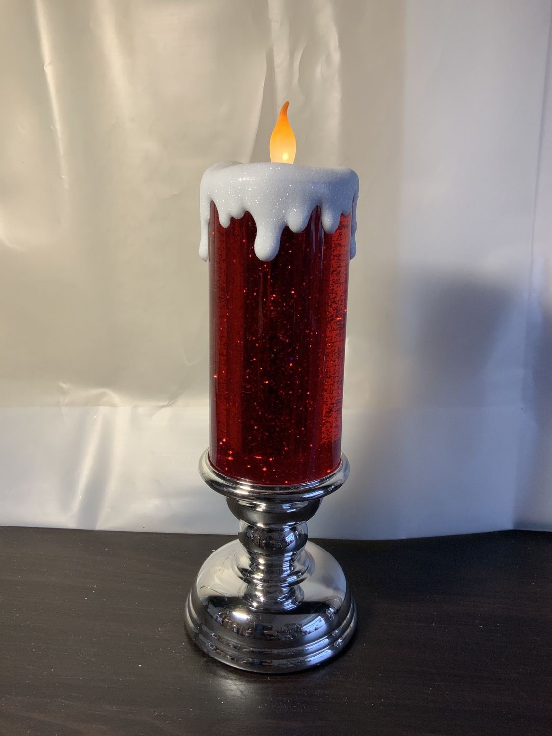 LED Candle, Red/Silver Base 13" BO Swirl
