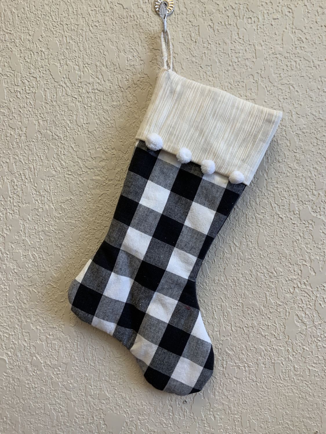 Stocking, Black Checked w/ Pom Poms