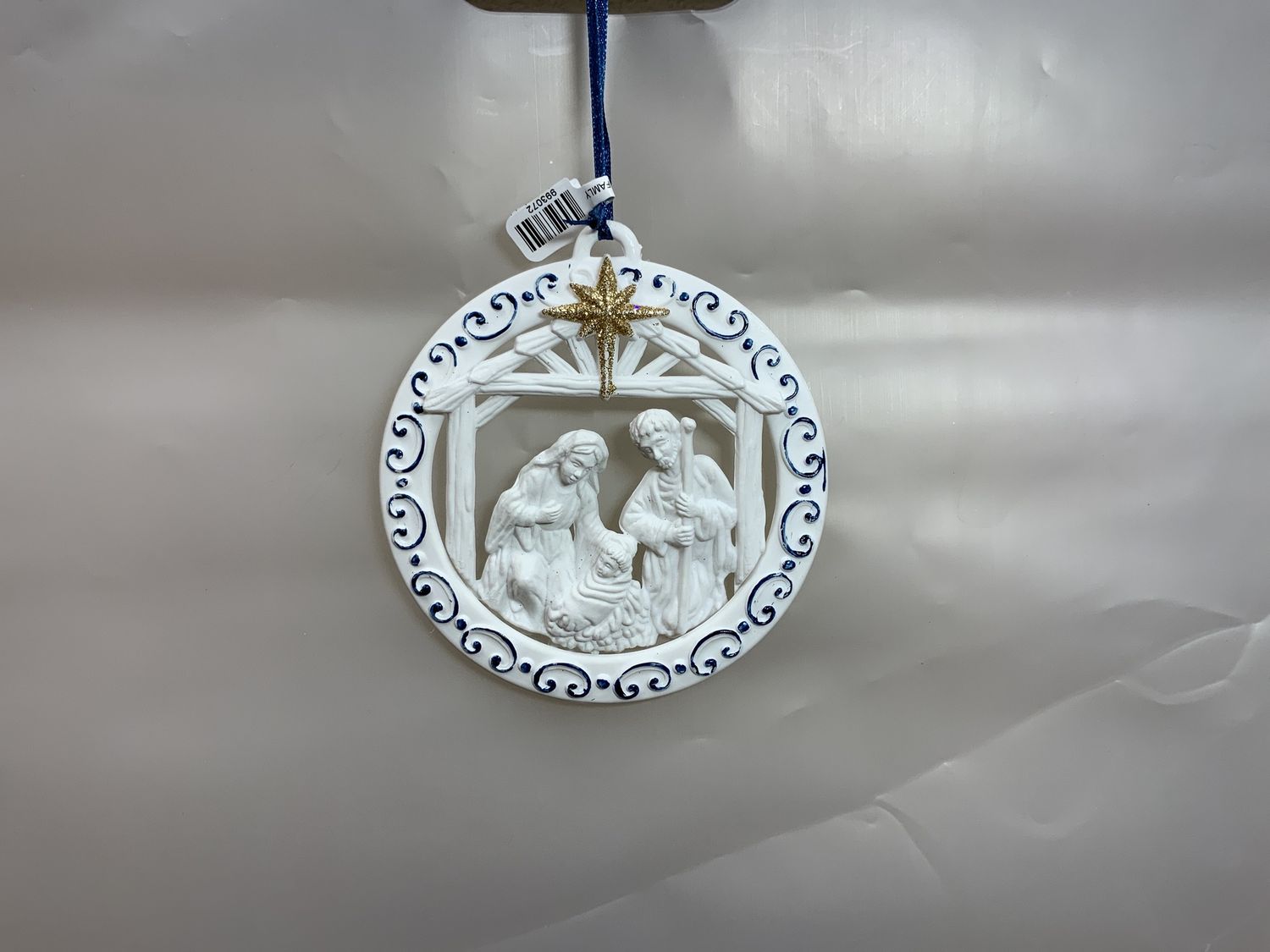 ORNAMENT, NATIVITY FAMLY 3",BLU/WHT/GO