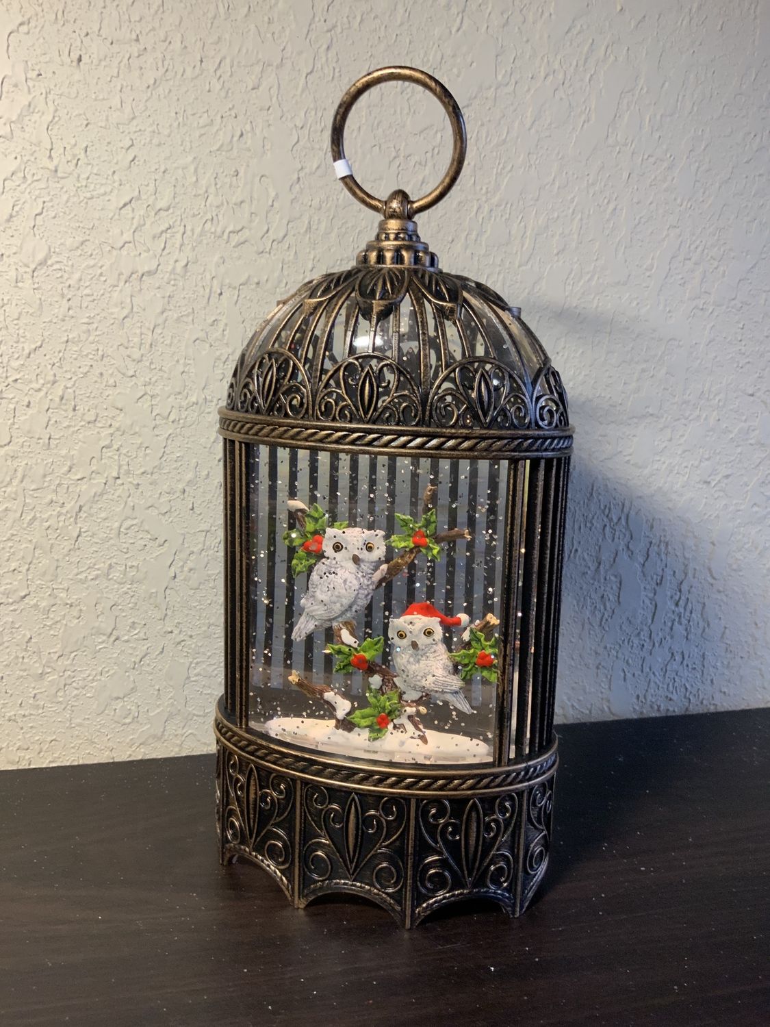 Snow Globe, Lantern Snowy Owls bronze cage
