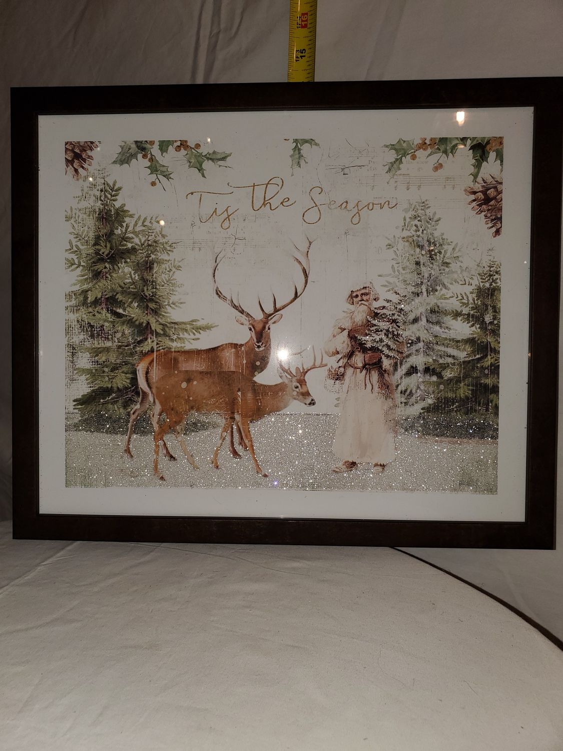 Framed Print, Santa/Deer glittery