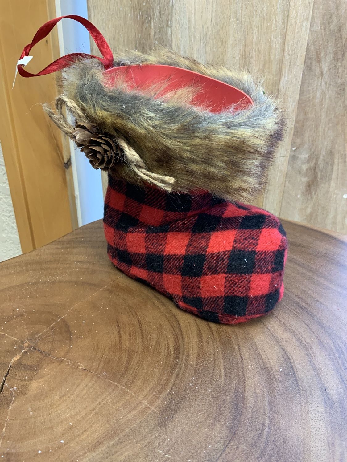 Vase, Santa Boot Red Plaid