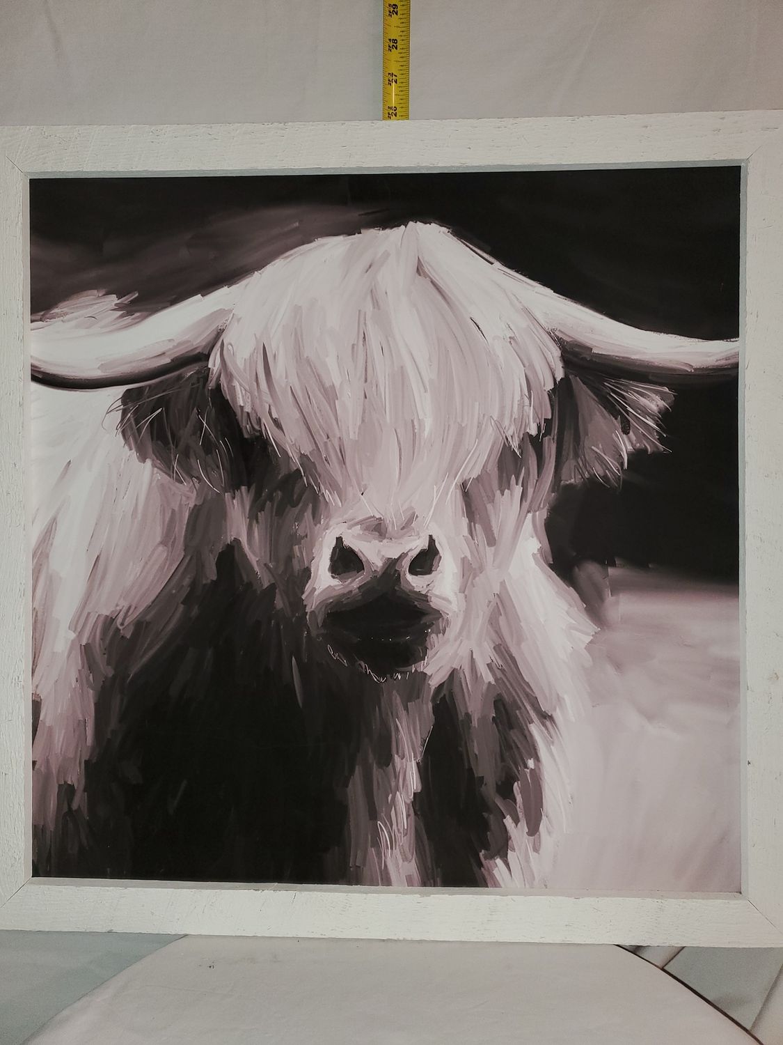 Picture, Highland Cow B/W 25x25 wd frm