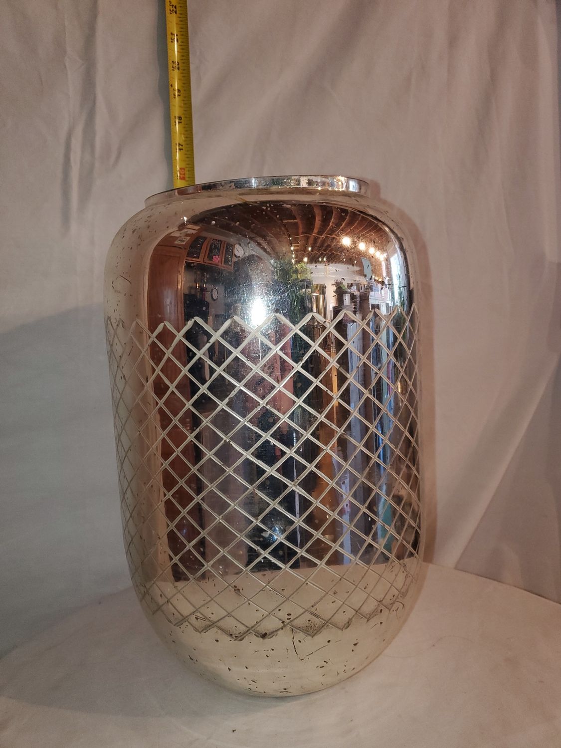Candle Holder, Hurricane etched Mercury Glass