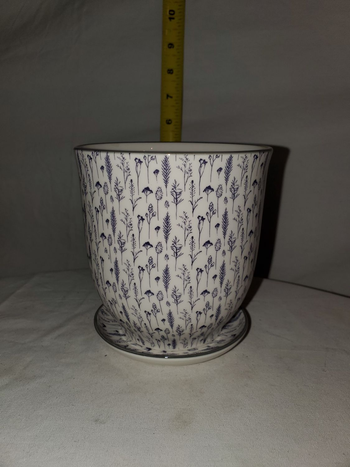 Pot w/Saucer Blue Feathers 4.25" ceramic
