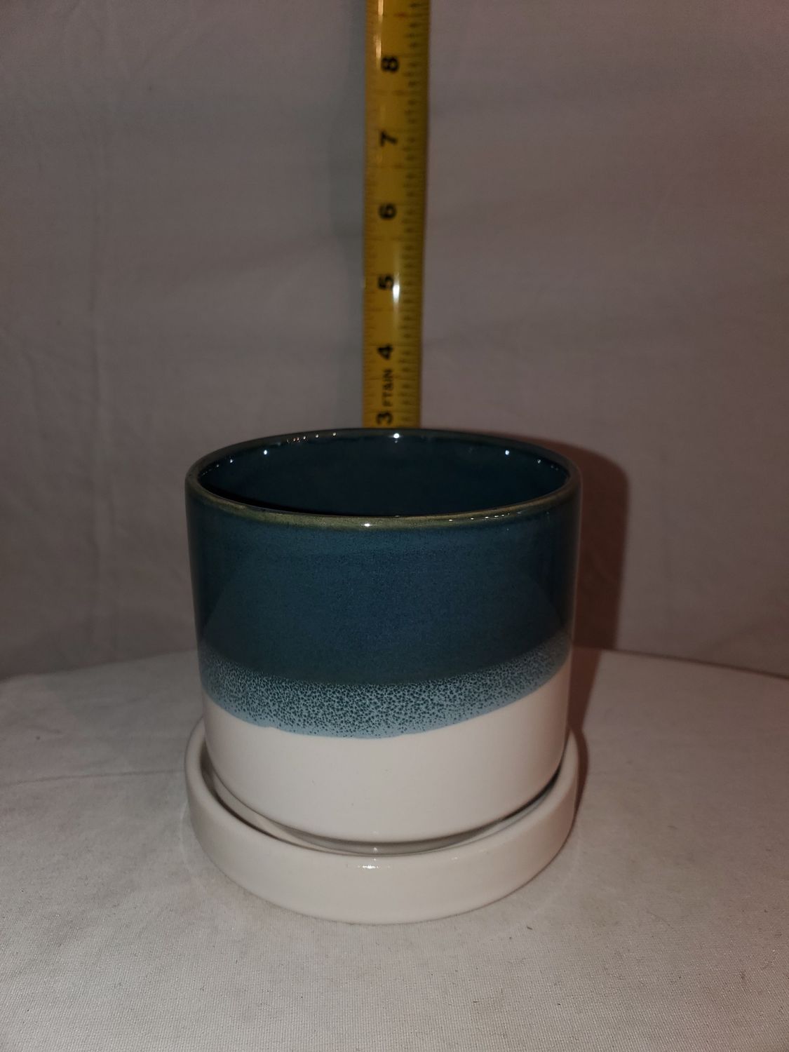 Pot w/Saucer Green-Blue 3" ceramic