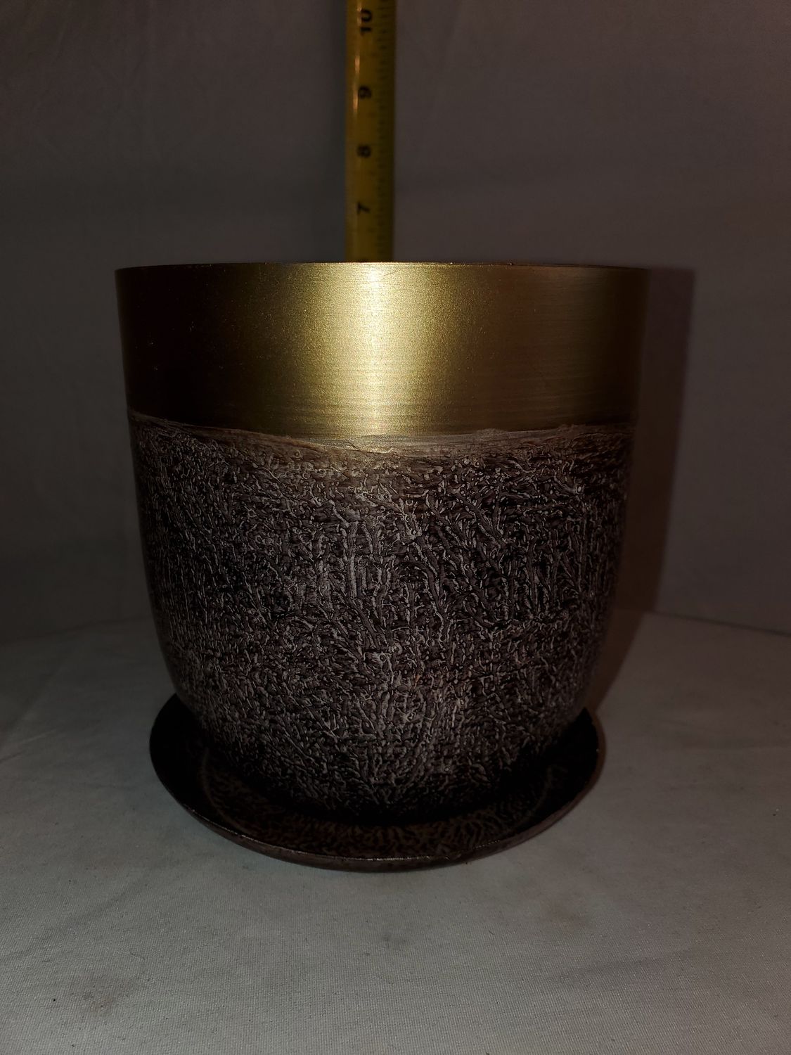 Pot w/Saucer Gold &amp; Brown 5" metal
