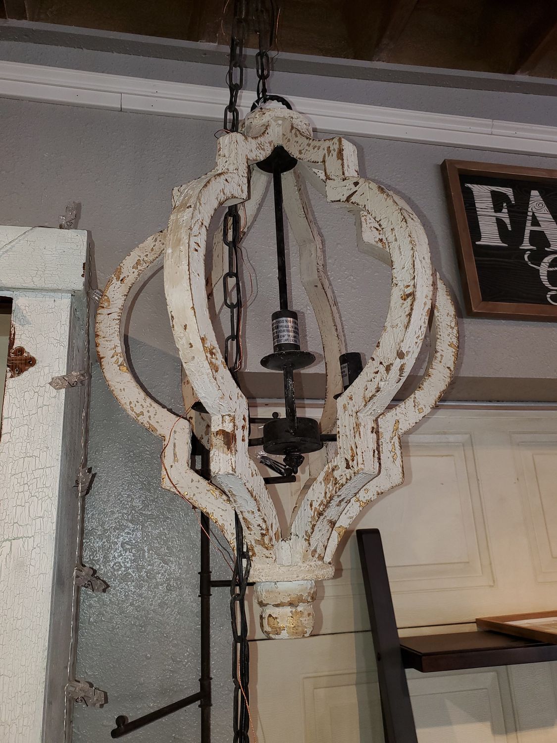 Chandelier, White Wood Frame 3 bulb
