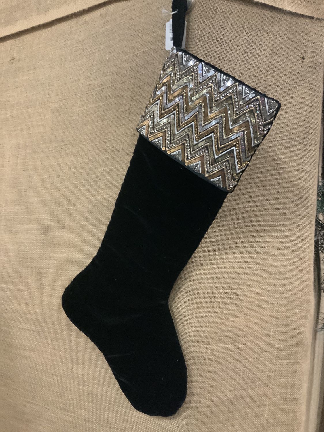 Stocking, Velvet Beaded Cuff Blk/gold/slv