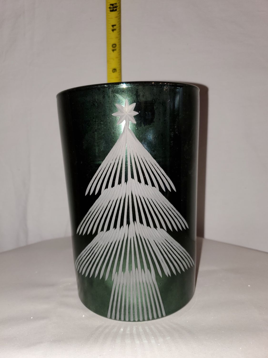 Candle Holder, Etched Glass Green Tree