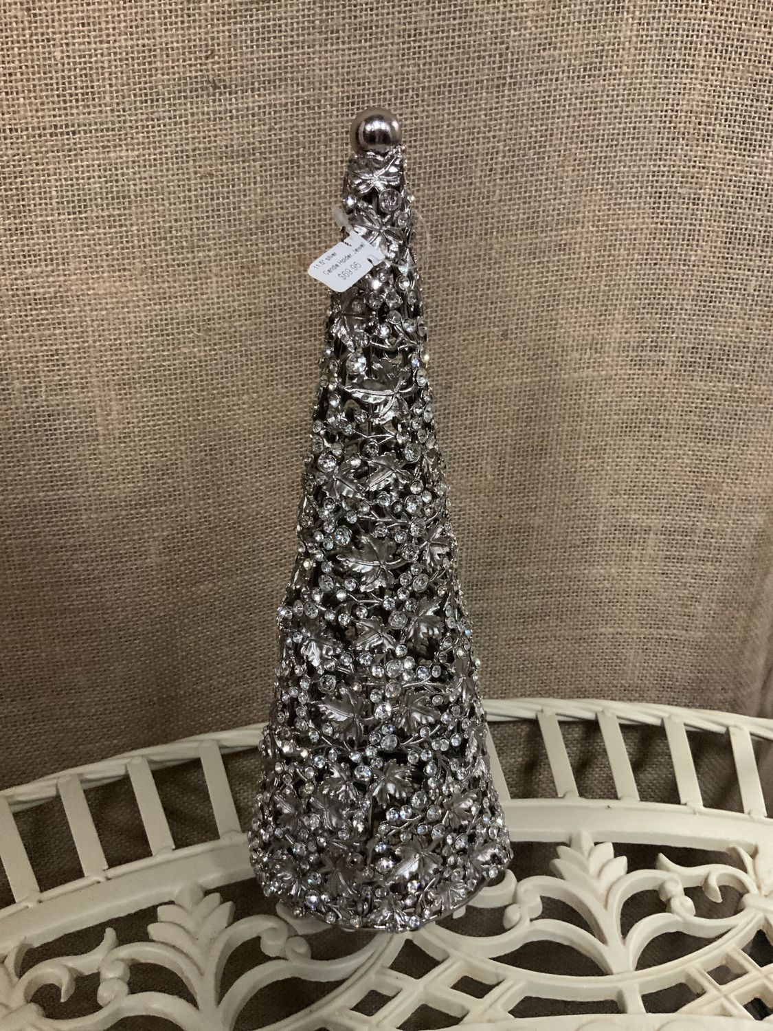 Candle Holder, Jeweled Cone 11.5" silver
