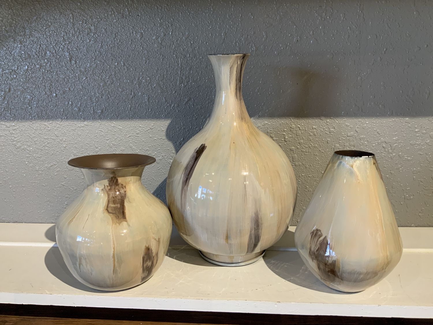 Vase, Cream &amp; Brown Enameled 3 asst metal
