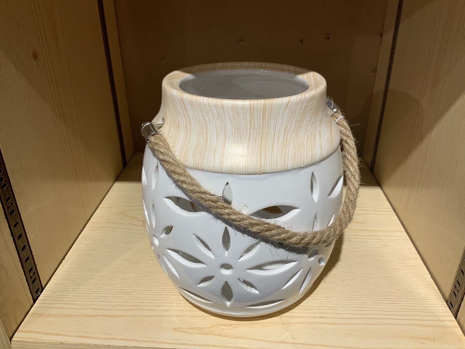 Ceramic Lantern, Flower Cutout, Rope Handle LG