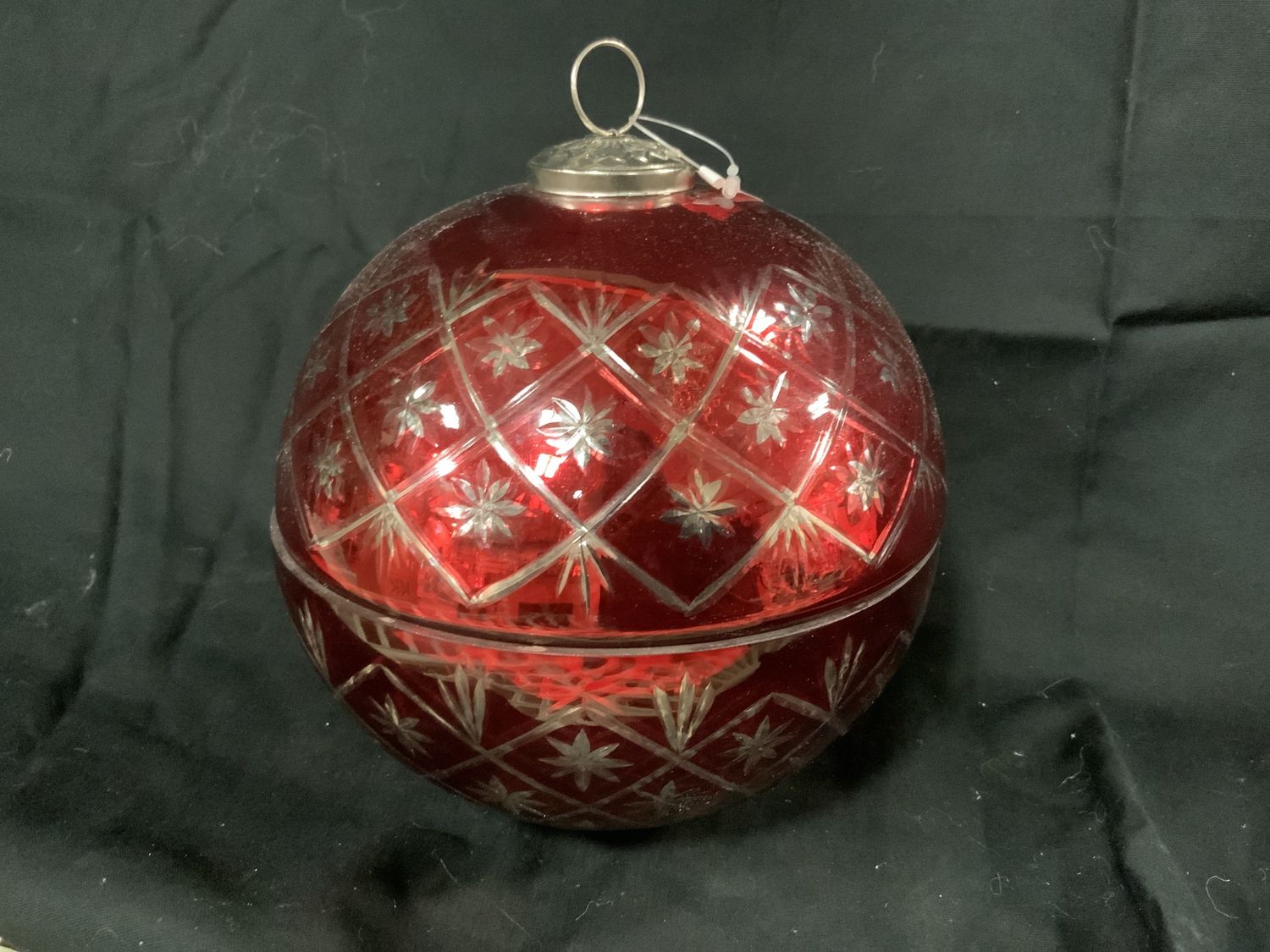 Candy Dish,  Glass Ornament 7" Red/etche