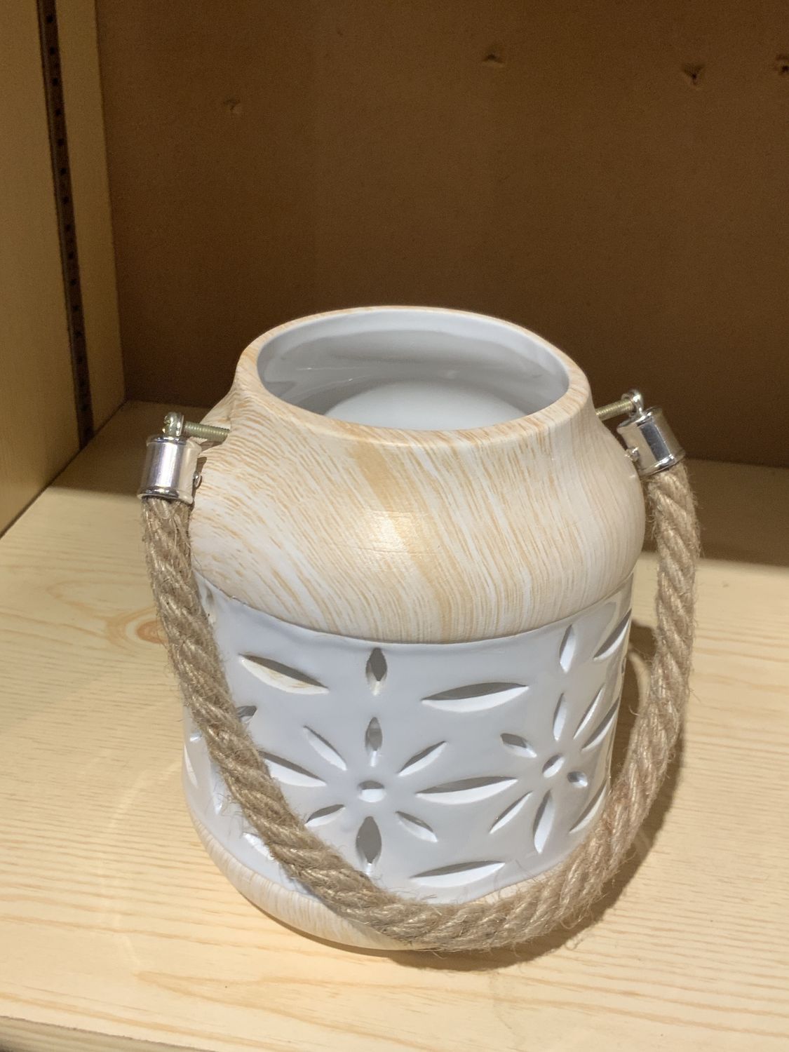 Ceramic Lantern, Flower Cutout, Rope Handle SM