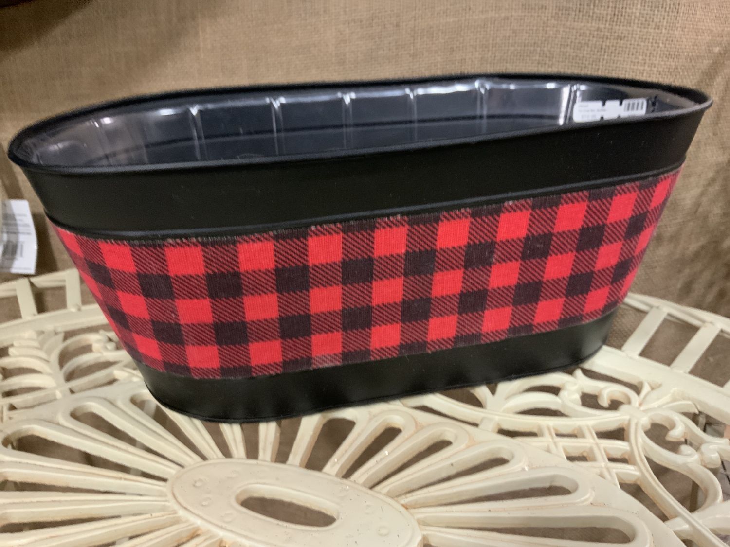 Tin Oval Bin, Buffalo Plaid blk/red