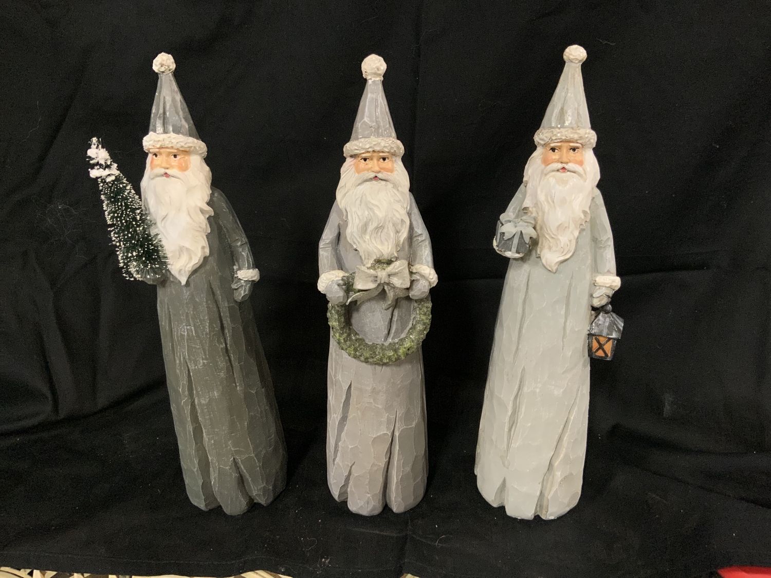 Santa, Carved Grey Wood Look 13" 3 asst