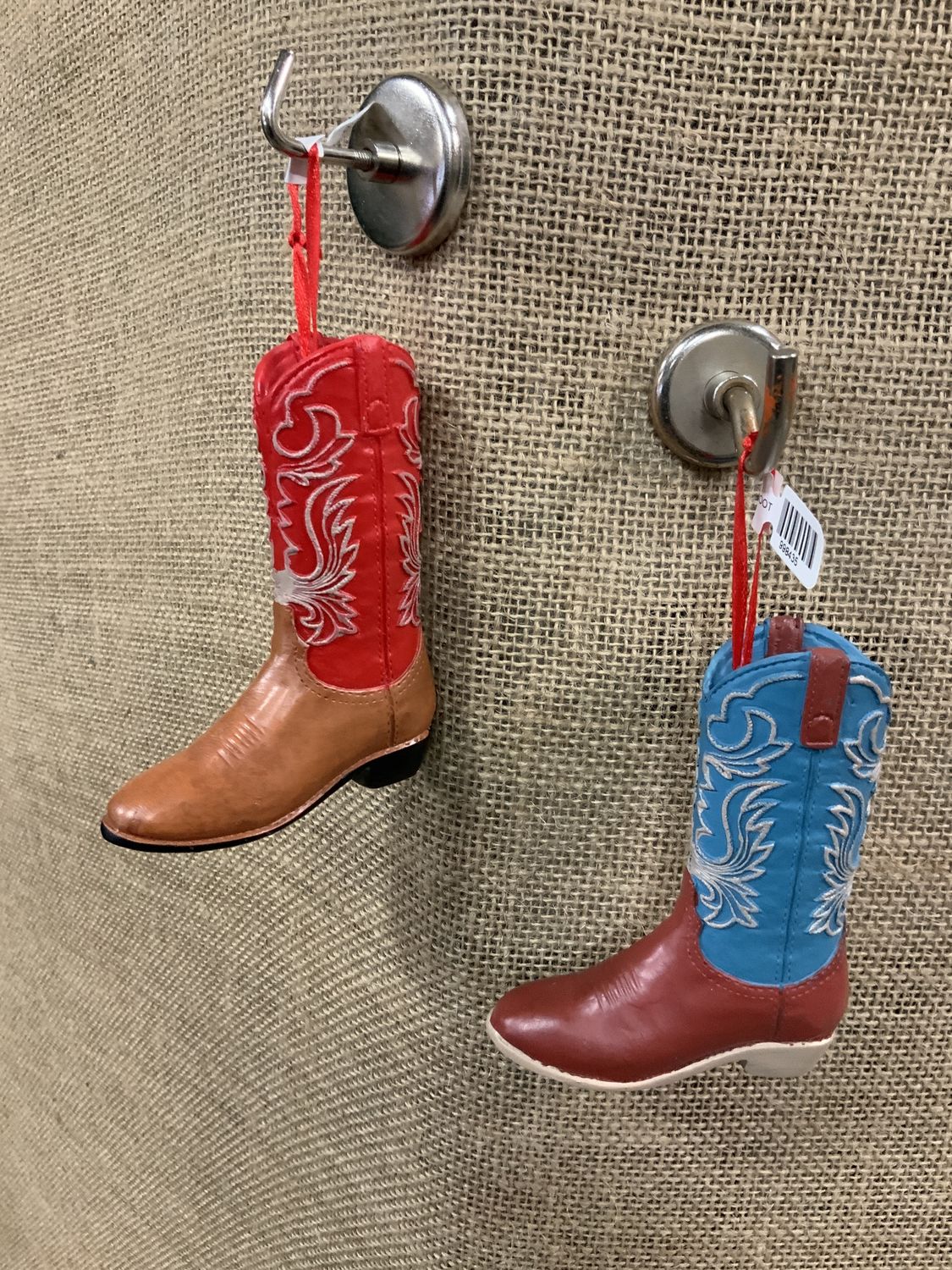 ORNAMENT, COWBOY BOOT 4",RD/BR/BL