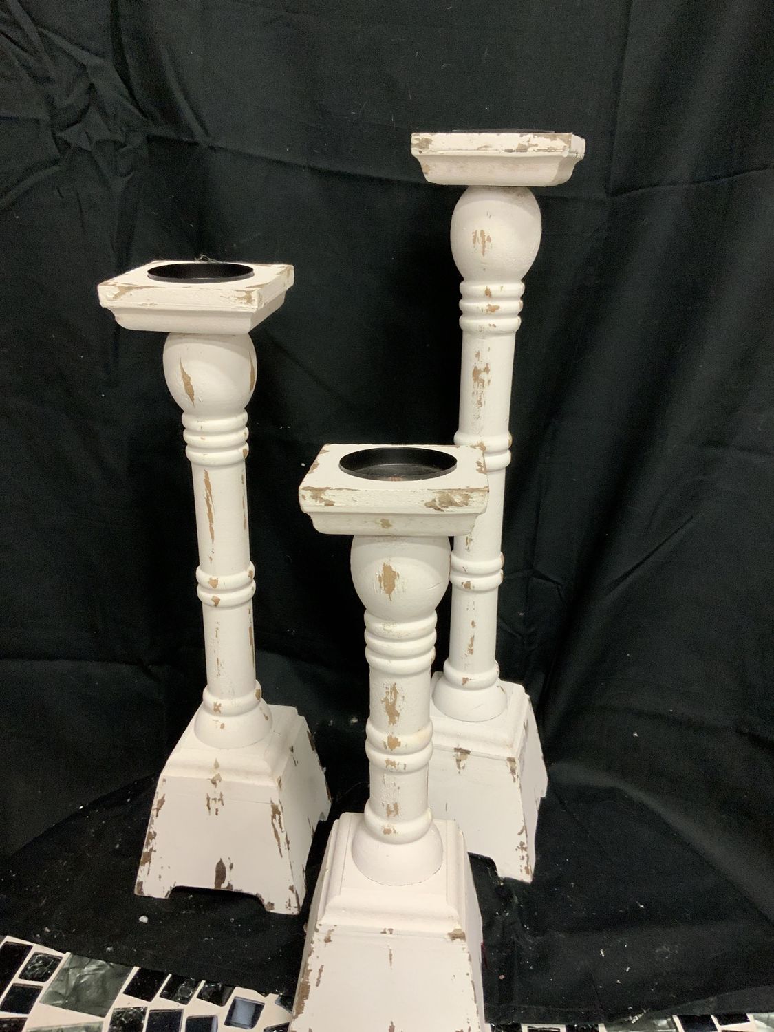 Candle Stand, White Distressed 3 sizes wood
