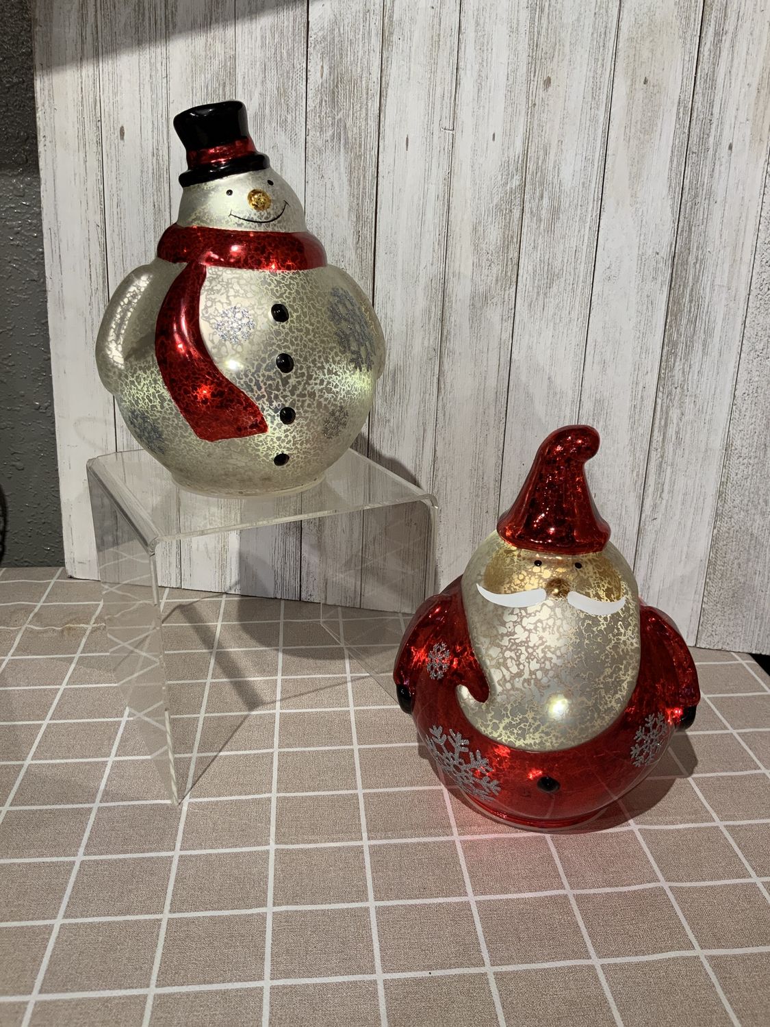 Lantern, Glass Light Up Santa/Snowman