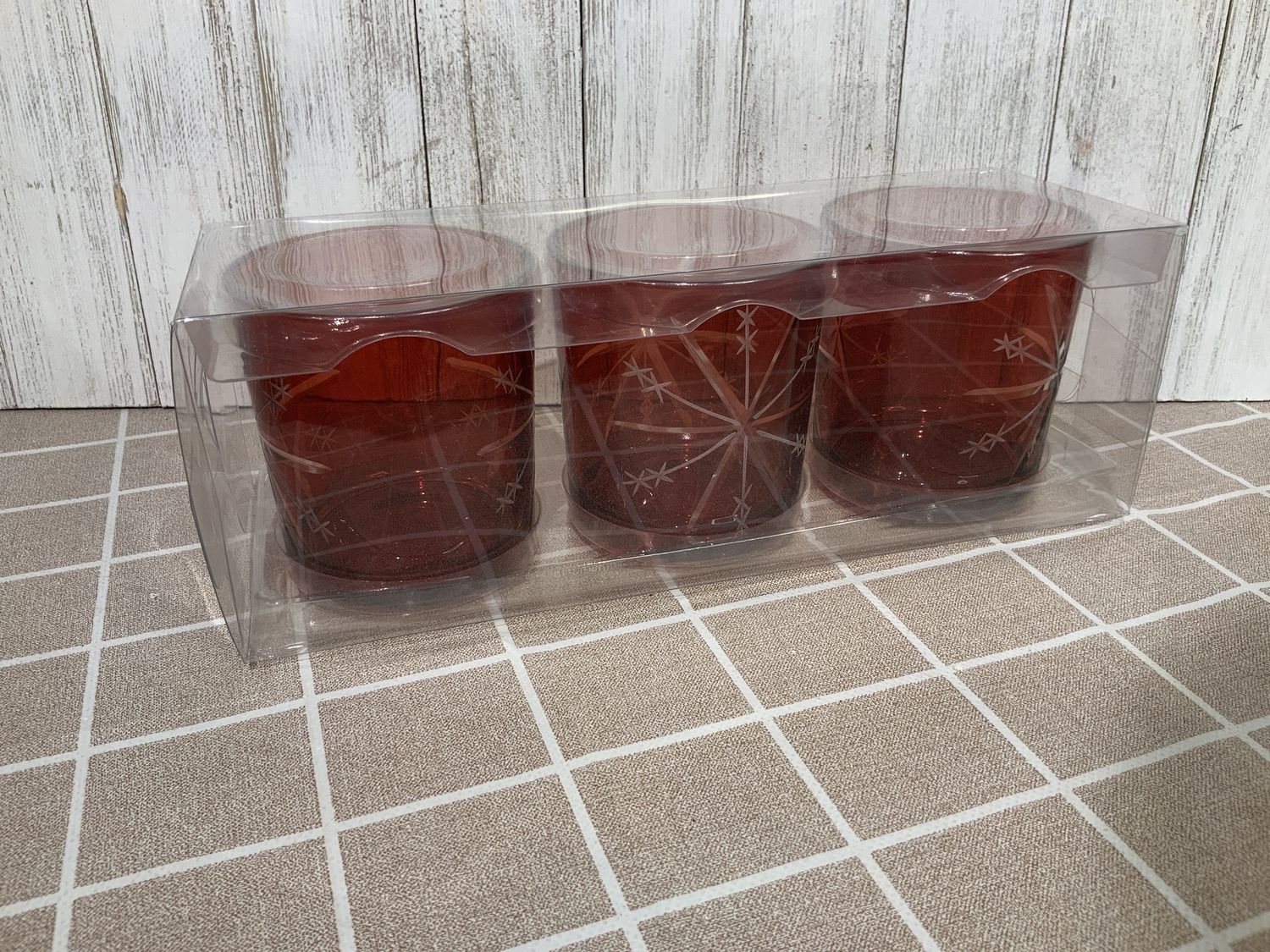 Votive Holder, Etched Red Snowflake Set/3 3"