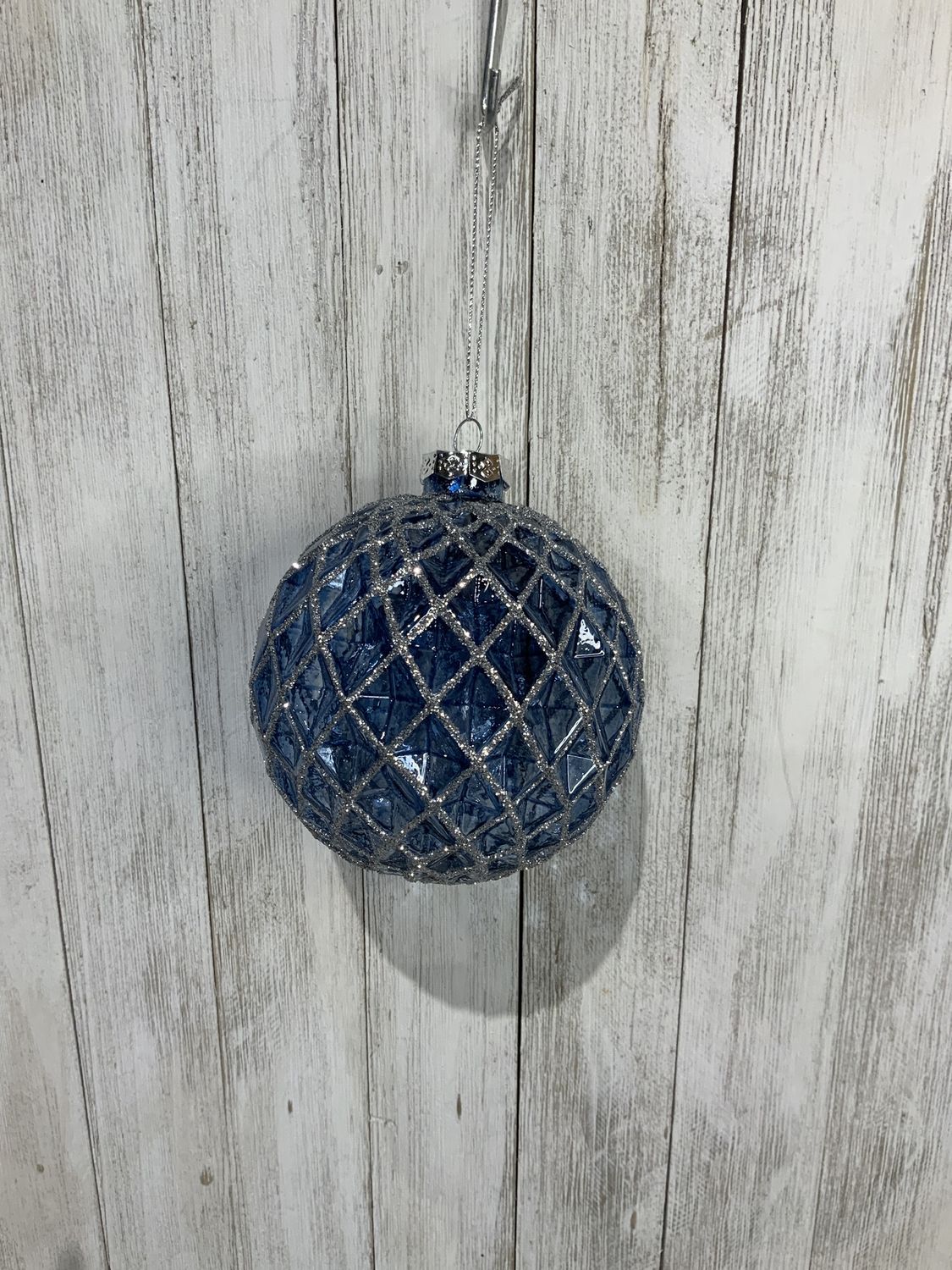 Ornament, Blue Diamond Ball 4" Silver Glitter
