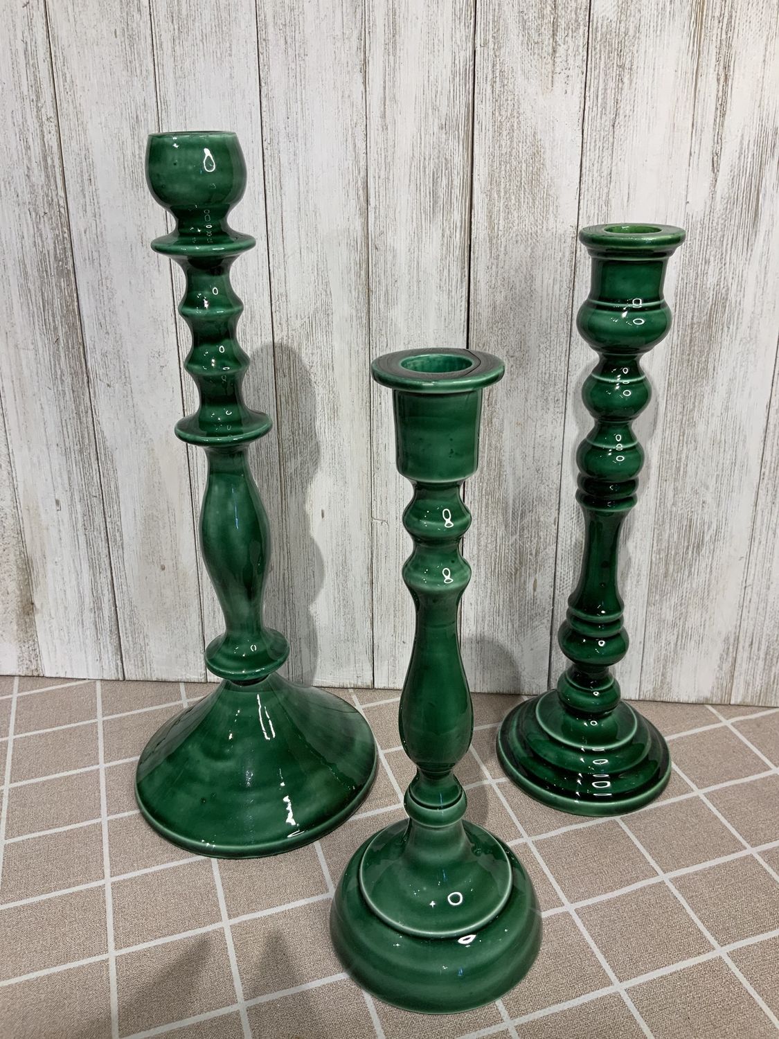 Candle Holder, Ceramic Emerald Set/3 9",10.5"12"