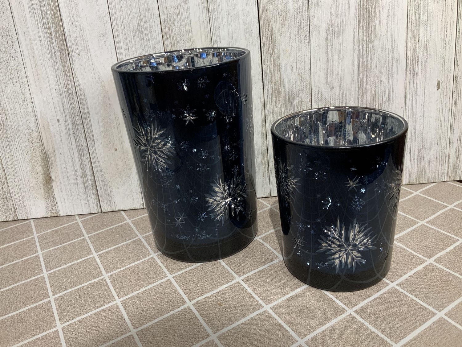 Candle Holder, Blue Etched Snowflake Set/2 Glass