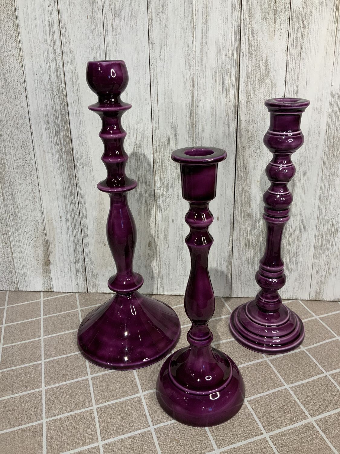 Candle Holder, Ceramic Plum Set/3, 9"10.5"12"