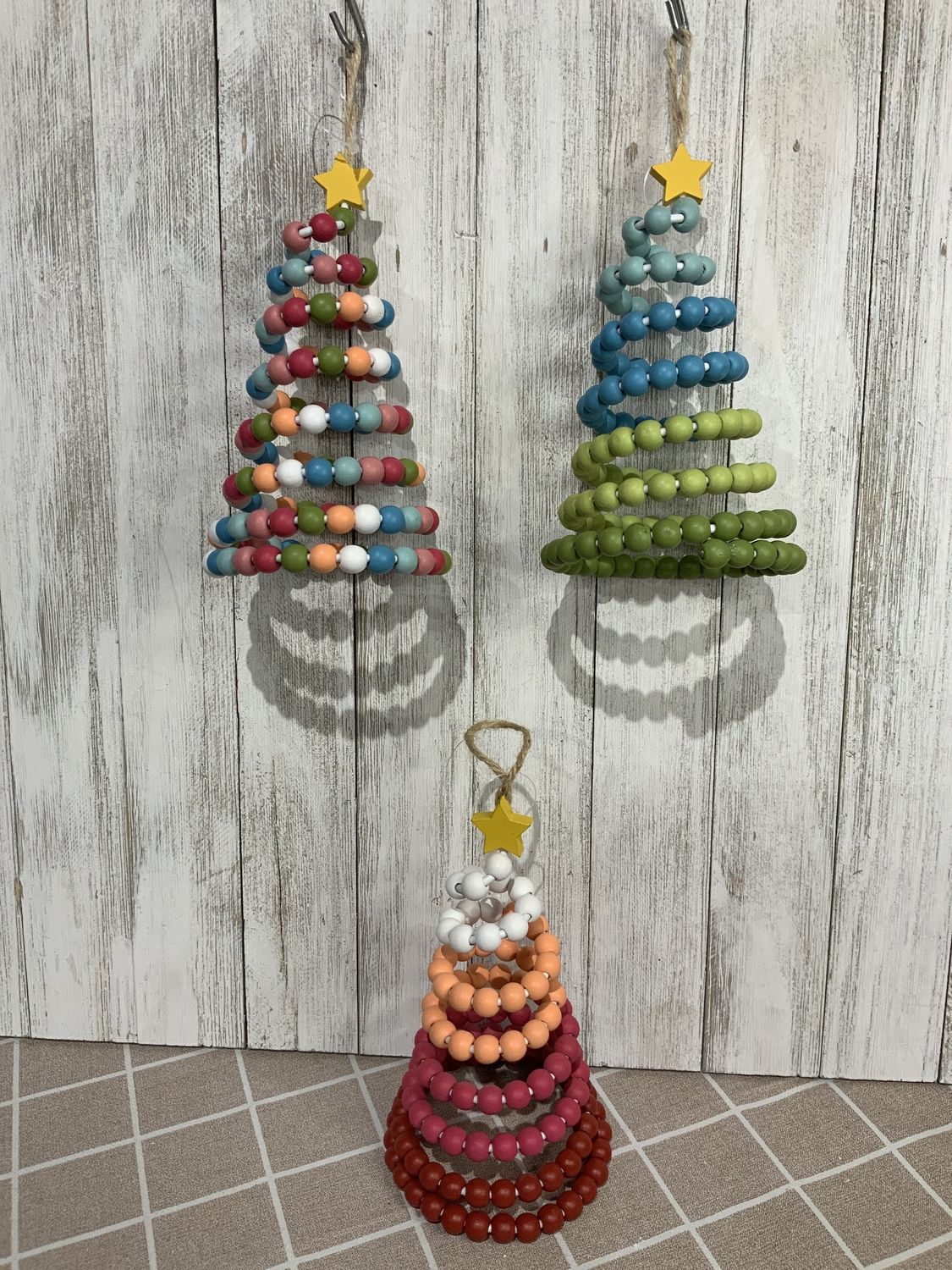 Ornament, Wood Spiral Beaded Tree Colorful 6"