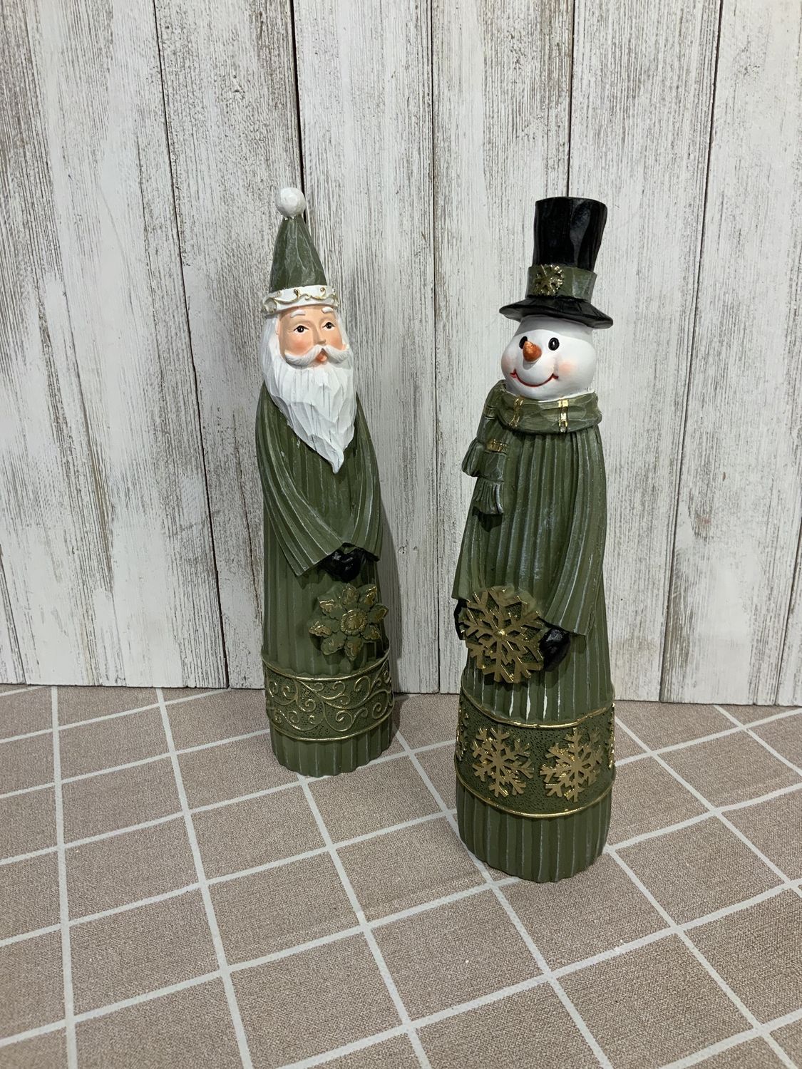 Figurine, Snowman/Santa Green w/Gold Accents 9"