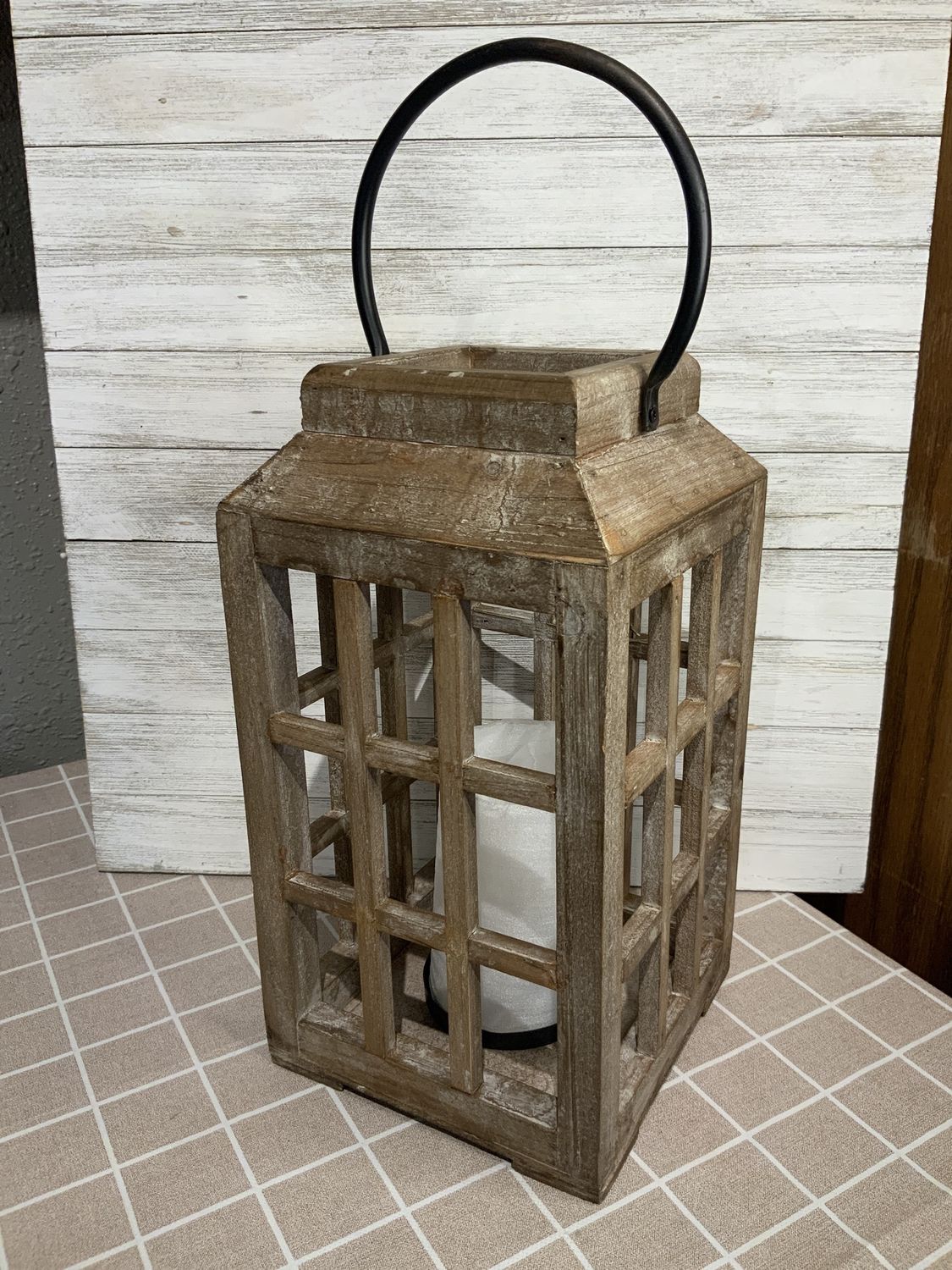 Lantern, Wood Window w/LED Candle 7"x17"