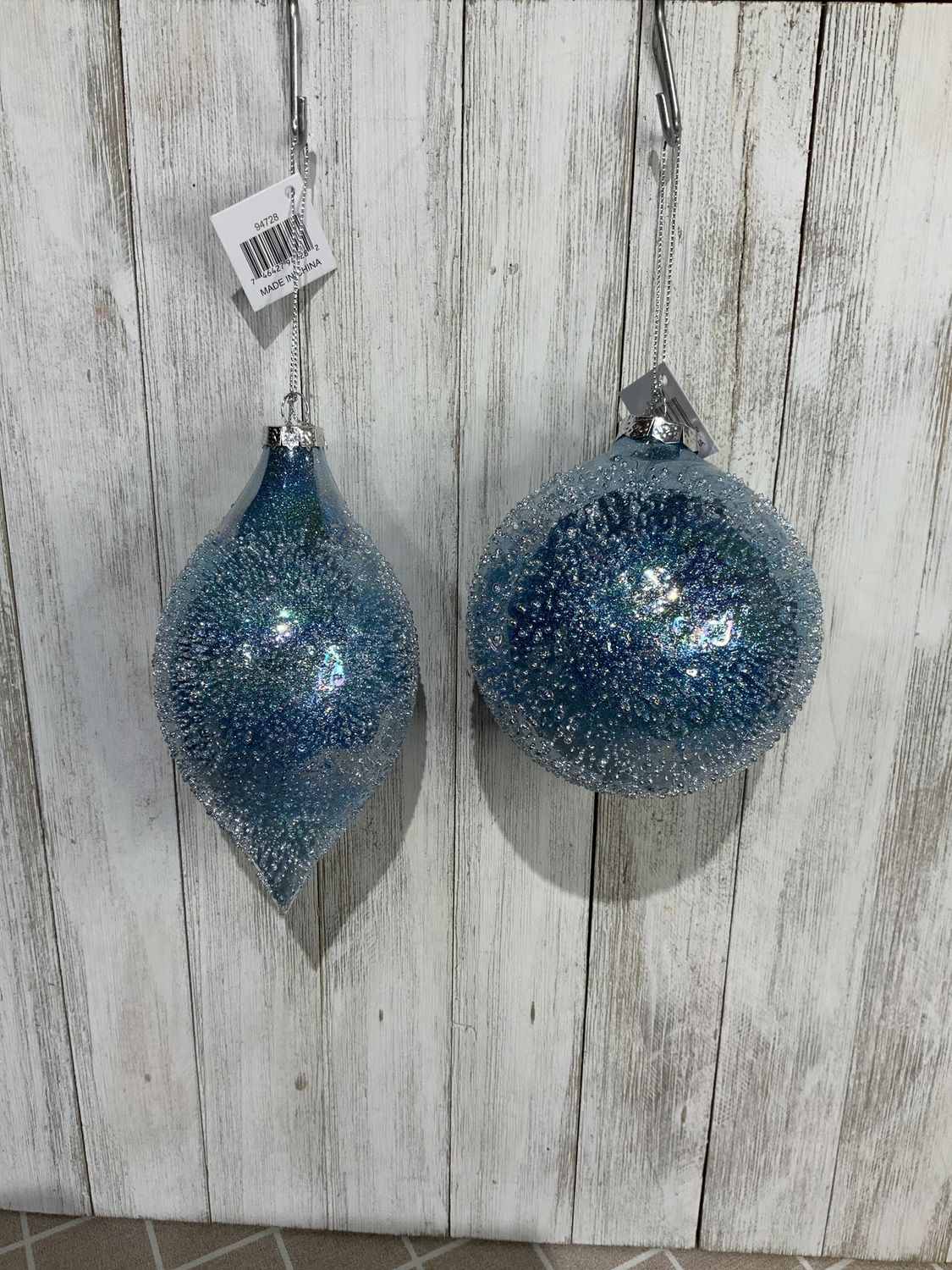 Ornament, Iced Blue Bubbled Glass 4" 6" 2 Asst